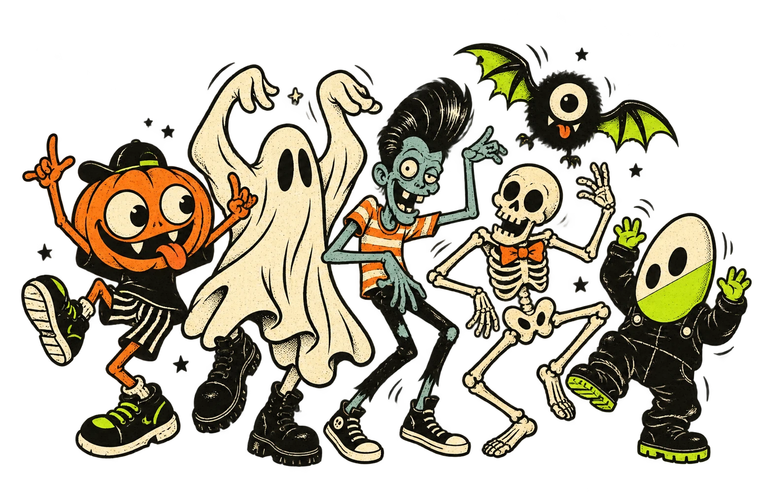 A cap-wearing pumpkin, a dancing sheet ghost, a pompadour zombie, a skeleton, a one-eyed bat and a capsule-masked guest make a spectacularly unruly cartoon party.