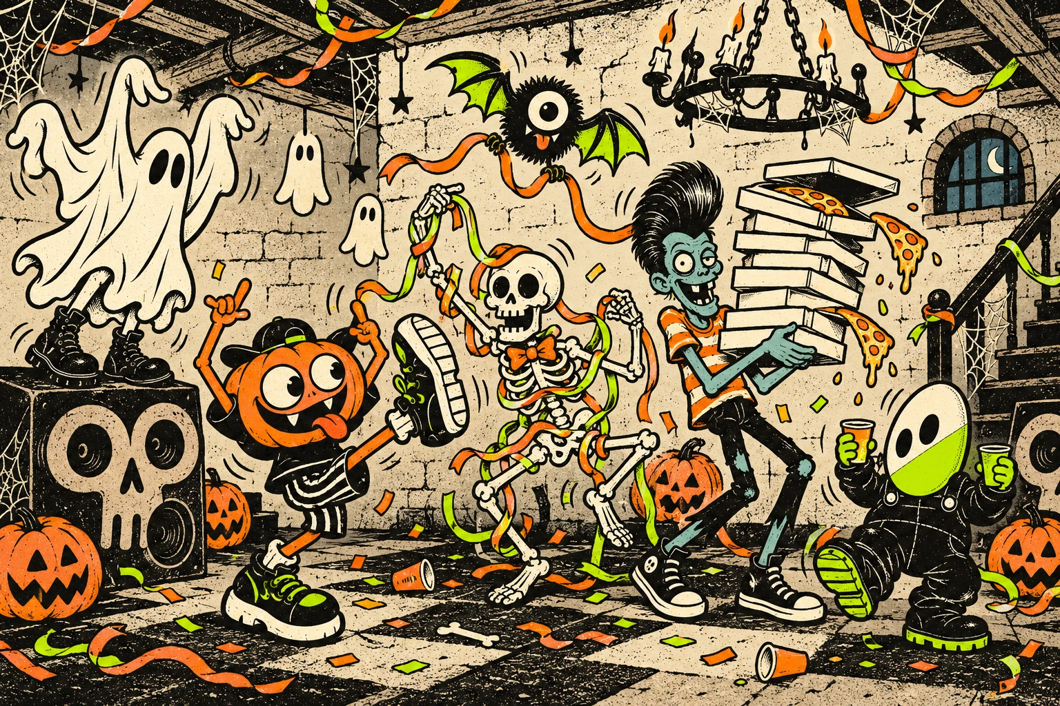 The six cartoon monsters turn a crooked haunted-house basement into a ridiculous Halloween party, with skull speakers, pumpkins, pizza and an alarming lack of supervision.